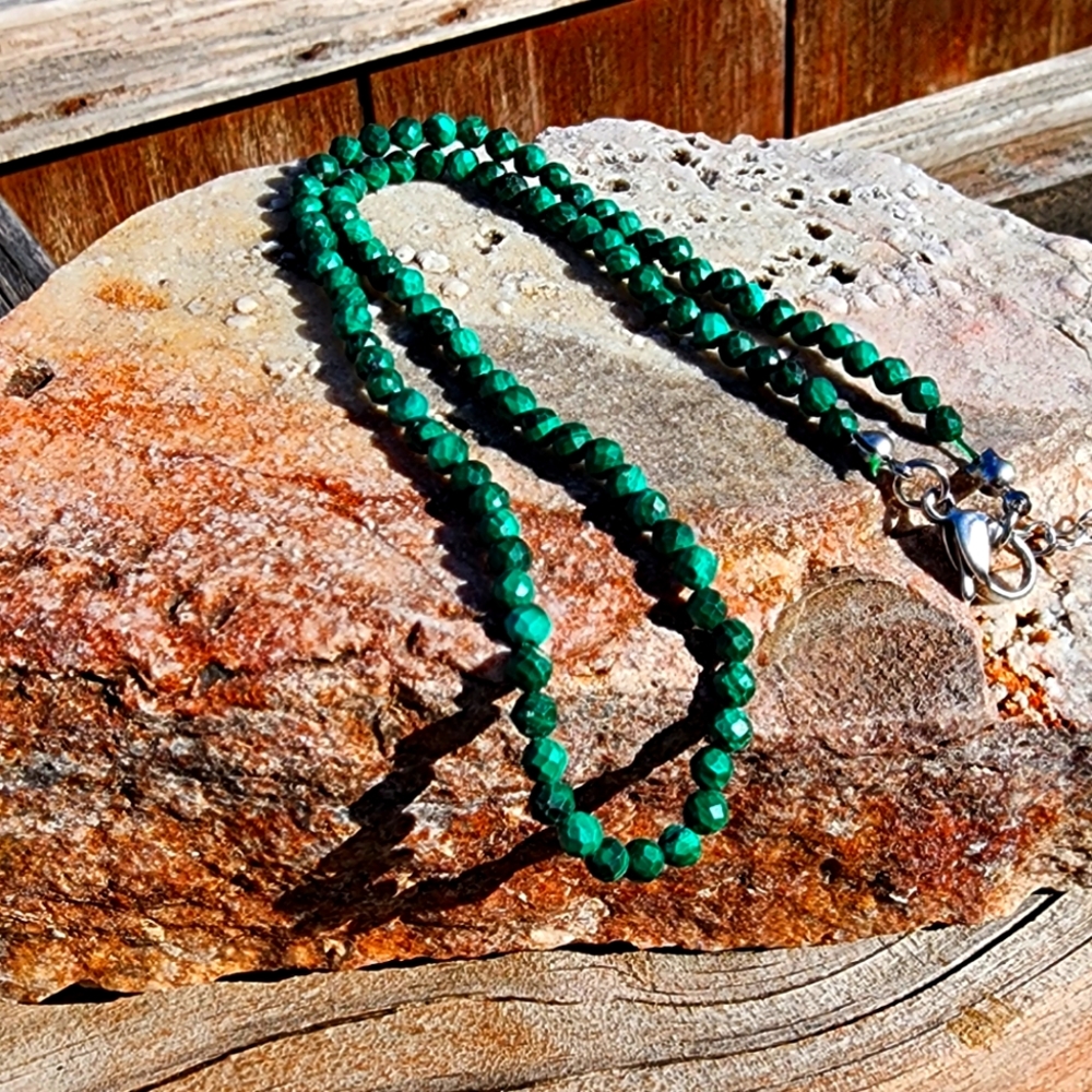 Malachite stone beaded necklace. Very dainty! Perfect for layering